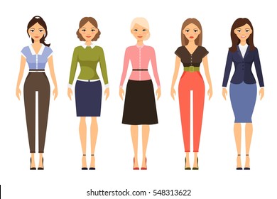 Woman dresscode vector illustration. Beautiful women in different outfits icons on white background