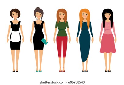 Woman dresscode vector illustration. Beautiful women in different outfits icons on white background