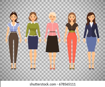 Woman dresscode vector illustration. Beautiful women in different outfits icons isolated on transparent background