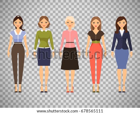 Woman dresscode vector illustration. Beautiful women in different outfits icons isolated on transparent background