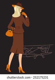 Woman dressed in 1940s fashion on the airfield, wartime biplane on the background