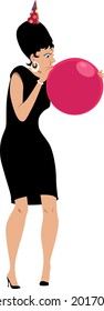 Woman dressed in 1960s fashion and in party hat inflating a balloon, EPS 8 vector illustration