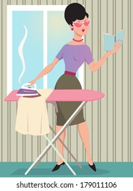 Woman dressed in 1960s style clothes ironing and reading a book