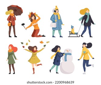 Woman Dressed in Autumn and Winter Seasonal Clothing Walking, Building Snowman, Taking Selfie and Ice Skating Vector Set
