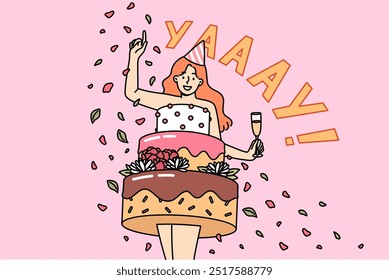 Woman dressed as birthday cake drinks champagne and tosses candy to invite you to party. Girl in eccentric festive outfit congratulates birthday boy on anniversary and offers to eat cake