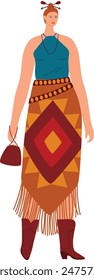 Woman dressed bohemian style holding purse. Boho chic fashion female character illustration. Geometric pattern skirt western boots stylish dress isolated white background