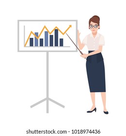 Woman dressed in business clothes holding pointer and standing beside whiteboard with bar chart and linear graph on it. Businesswoman making presentation. Colorful cartoon flat vector illustration.