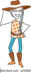 A woman dressed as a Cowgirl with a hat and boots