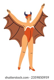 Woman dressed as devil for Halloween, isolated female character with wings and horns. Apparel and outfit for leisure. Trick or treat, costume for holiday party celebration. Vector in flat style
