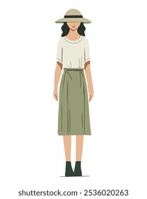 Woman dressed in eco-friendly green tones, with a hat, soft and natural illustration style