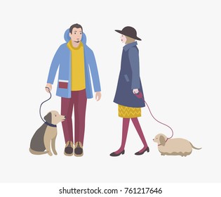 Woman dressed in elegant outerwear and man holding their dogs in leash meet each other on walk. Pair of pet owners. Flat cartoon characters isolated on white background. Colorful vector illustration