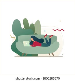 Woman dressed in home clothes working on laptop at home during the quarantine, . Illustration for freelancing, remote work, business. Vector illustration in flat style. Online study, education.
