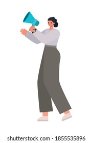 woman dressed in khaki pants and white shoes with a megaphone vector illustration design