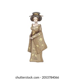 Woman dressed in kimono. Vintage vector hatching color illustration. Isolated on white background. Hand drawn design ink