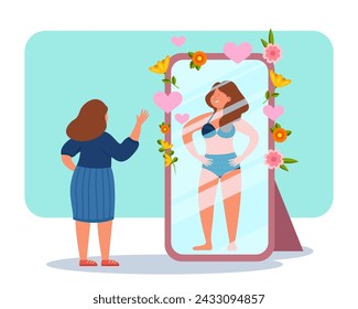 Woman dressed looking at herself in mirror and reflecting young beautiful girl in bikini. Vector illustration. Hearts and flowers near mirror. Narcissist lady concept