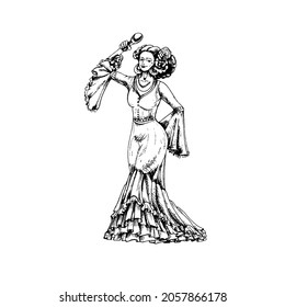 Woman dressed in mexican national clothes and dancing with maracas. Vintage vector hatching black illustration. Isolated on white background