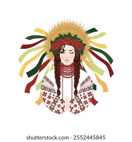 Woman dressed in a national embroidered Ukrainian costume and a wreath of viburnum and wheat ears, prays, Traditions and culture of Ukraine