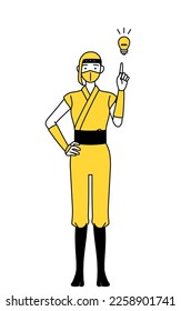 A woman dressed up as a ninja coming up with an idea.