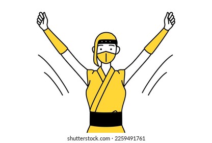A woman dressed up as a ninja doing radio calisthenics, preparation for accident prevention