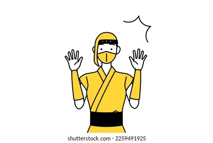 A woman dressed up as a ninja raising her hand in surprise.