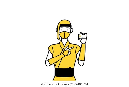 A woman dressed up as a ninja recommending credit card payment.