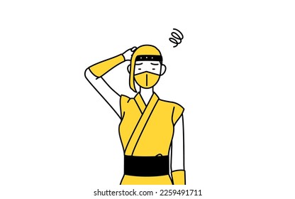 A woman dressed up as a ninja scratching her head in distress.