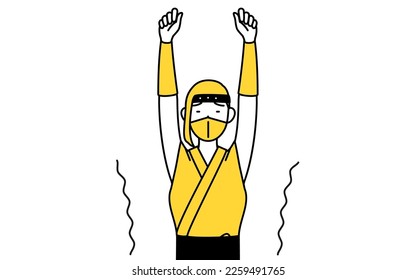 A woman dressed up as a ninja stretching and standing tall.