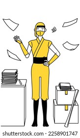 A woman dressed up as a ninja who is fed up with her unorganized business.