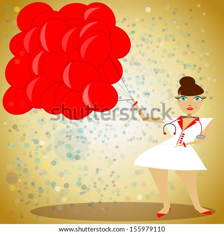 woman dressed as a nurse holding a red balloon group, gold background with streamers.
