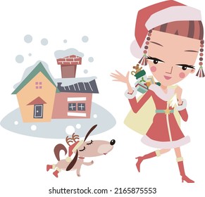 A woman dressed as Santa Claus walks in the snowy weather, holding many presents and waving her hands with her dog in tow.vector illustration