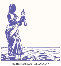 Woman dressed in a  sari carrying out a religious ceremony whilst standing in the River in India line art vector