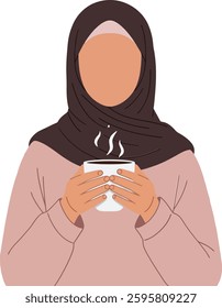A woman dressed in a shawl gently holds a steaming cup of tea, embodying tranquility and warmth in a minimalistic style.