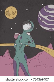 Woman dressed in space suit standing on surface of uninhabited planet and looking up. Girl in helmet watching stars and celestial bodies. Female science fiction character. Modern vector illustration.