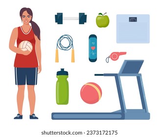 Woman dressed in sports clothes. Gym sport fitness exercise workout equipment set icons. Treadmill, dumbbells, fitness bracelet, ball, sneakers, jump rope, bottle, whistle, apple. Vector illustration