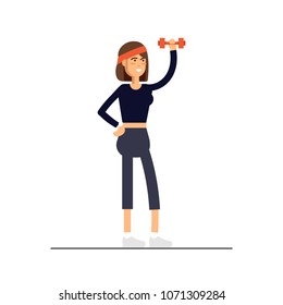 Woman dressed in sportswear are doing exercises with dumbbells. Vector illustration in a flat style isolated on white background