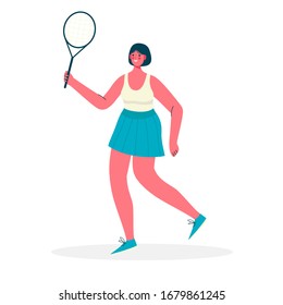 Woman dressed in sportswear playing tennis. Sportswoman holding racket and hitting ball isolated on white background.Woman activities. Healthy lifestyle. Flat cartoon vector illustration.