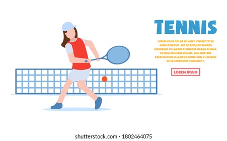 A woman dressed in sportswear plays tennis. Sportswoman holding a racket and hitting a ball isolated on a white background. Flat cartoon vector illustration.