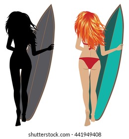 Woman dressed in swimsuit with surfing board, view from the back.