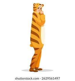 A woman dressed in a tiger onesie costume standing shyly, cartoon style, isolated on white background. Concept of cosplay or costume party. Vector illustration