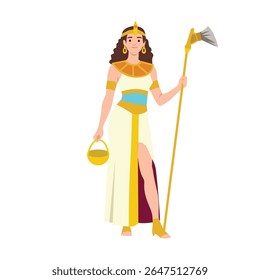 Woman dressed in traditional ancient Egyptian attire holds a golden staff and basket. Flat vector illustration isolated on white background
