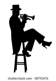 Woman dressed in a tuxedo and top hat, seated on a stool playing a trumpet