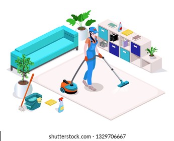 Woman dressed in uniform cleans and vacuums, washes the floor in the home and cleans. Professional cleaning service with equipment and staff.Vector isometric isolate