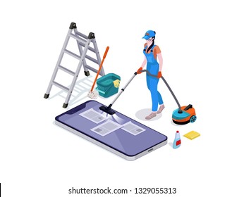 Woman dressed in uniform delete files off from mobiles. cleaning and vacuums, the phone. Professional cleaning service with equipment and staff.Vector isolate