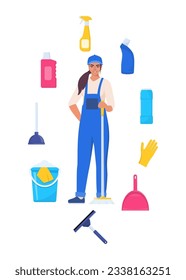 Woman dressed in uniform with mop. Worker of cleaning service. Cleaning tools and detergent. Bucket, scoop, brush, washing powder, bottle of spray, sponge, glass scraper, rubber gloves. Vector