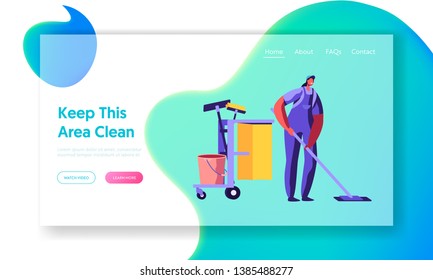 Woman Dressed in Uniform Washing and Cleaning. Floor with Mop in Office, Professional Cleaning Service with Equipment and Staff Website Landing Page, Web Page. Cartoon Flat Vector Illustration, Banner