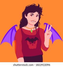 Woman dressed in a vampire costume for halloween. Halloween carnival costume. Colorful vector illustration in flat cartoon style.