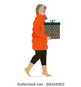 Woman dressed in warm clothing, carries gift box. Christmas, winter seasonal card. Vector flat illustration, retro style