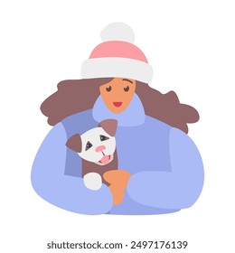 A woman dressed in winter clothing holds her adorable puppy. The image captures the warmth and joy of having a pet during the cold season.