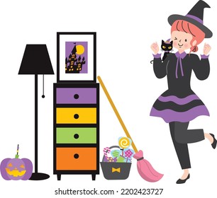 A woman dressed as a witch preparing for a Halloween party