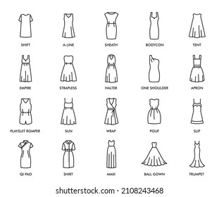 Frauen kleiden einzelne Symbole. Kollektion Frauenmode. Vektormodelle Schichtung, a-line, sheath and bodycon, Zelt, Imperium oder strapazierlos. Halter, eine Schulter und ein Spielanzug, dünne Kleidung